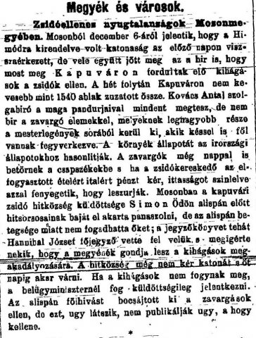 „Zsidóellenes nyugtalanságok Mosonmegyében.” (Forrás: Pesti Hírlap, 1882. 12. 09., 9. o.)
